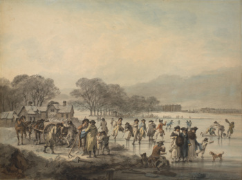 Julius Caesar Ibbotson, Skating on the Serpentine, exhibited at the Royal Academy in 1796, watercolour, pen and grey ink (Eton College Collections)
