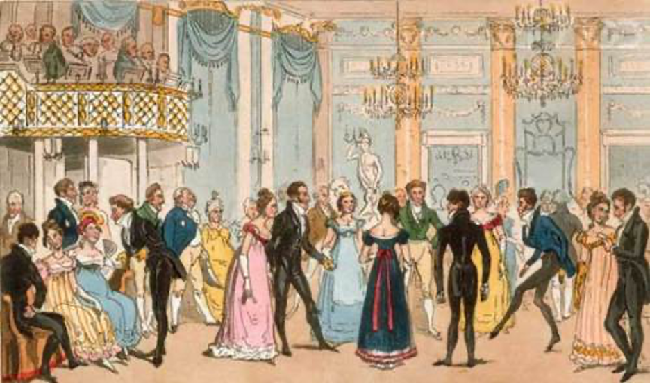 A group of people around each other-a Time Travel Regency

Description automatically generated